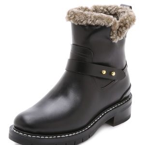 rag & bone Black Leather Combat Boots with Shearling Trim